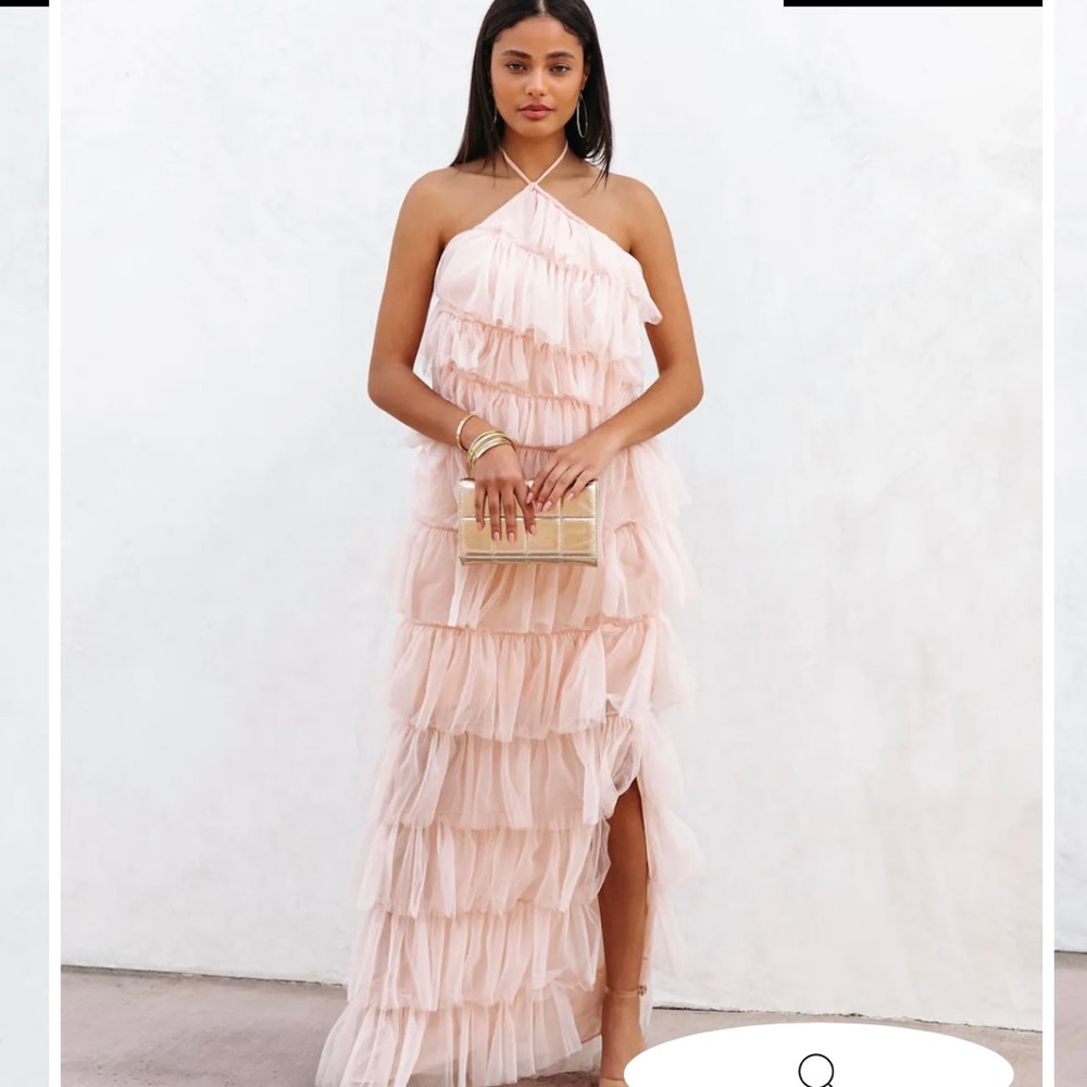 Light Pink Pandora Tulle Tiered Halter Maxi Dress from VICI